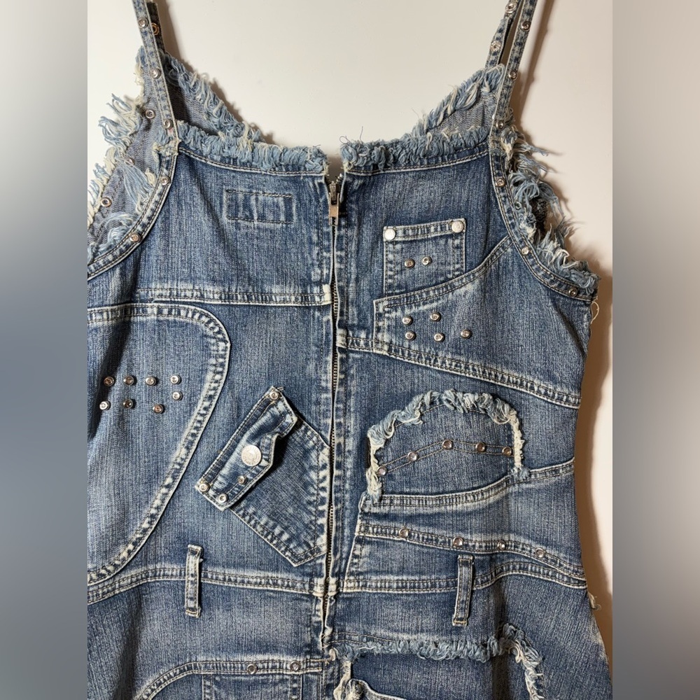 Deadstock Vtg 90s Y2K Platinum Plush Denim Patchwork Studded Jean Mini Dress - Picture 8 of 10